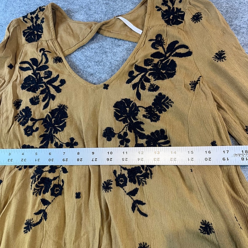 Free People Women Embroidered Mini Dress Mustard Boho Cottagecore XS Long Sleeve - Picture 3 of 7